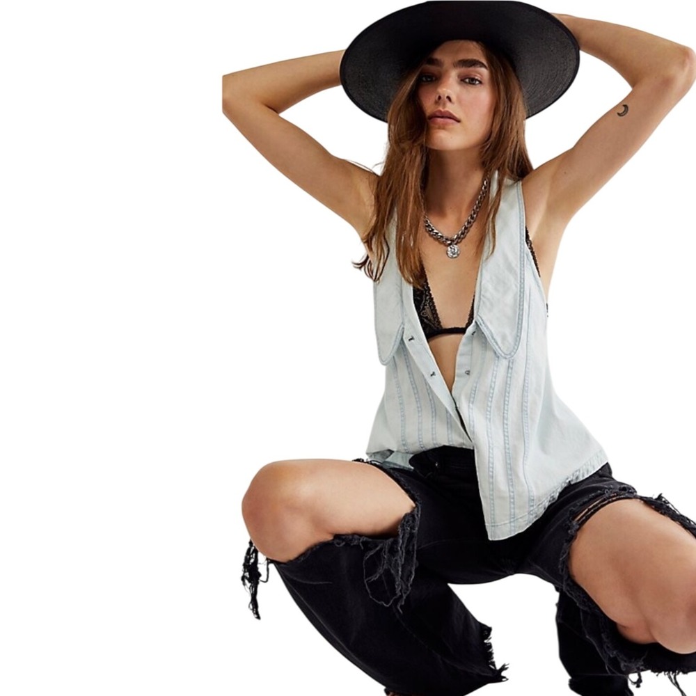 Free People Kiyra Denim Top Vest S Denim Blue Collar Backless Tie Cottagecore - Picture 14 of 14